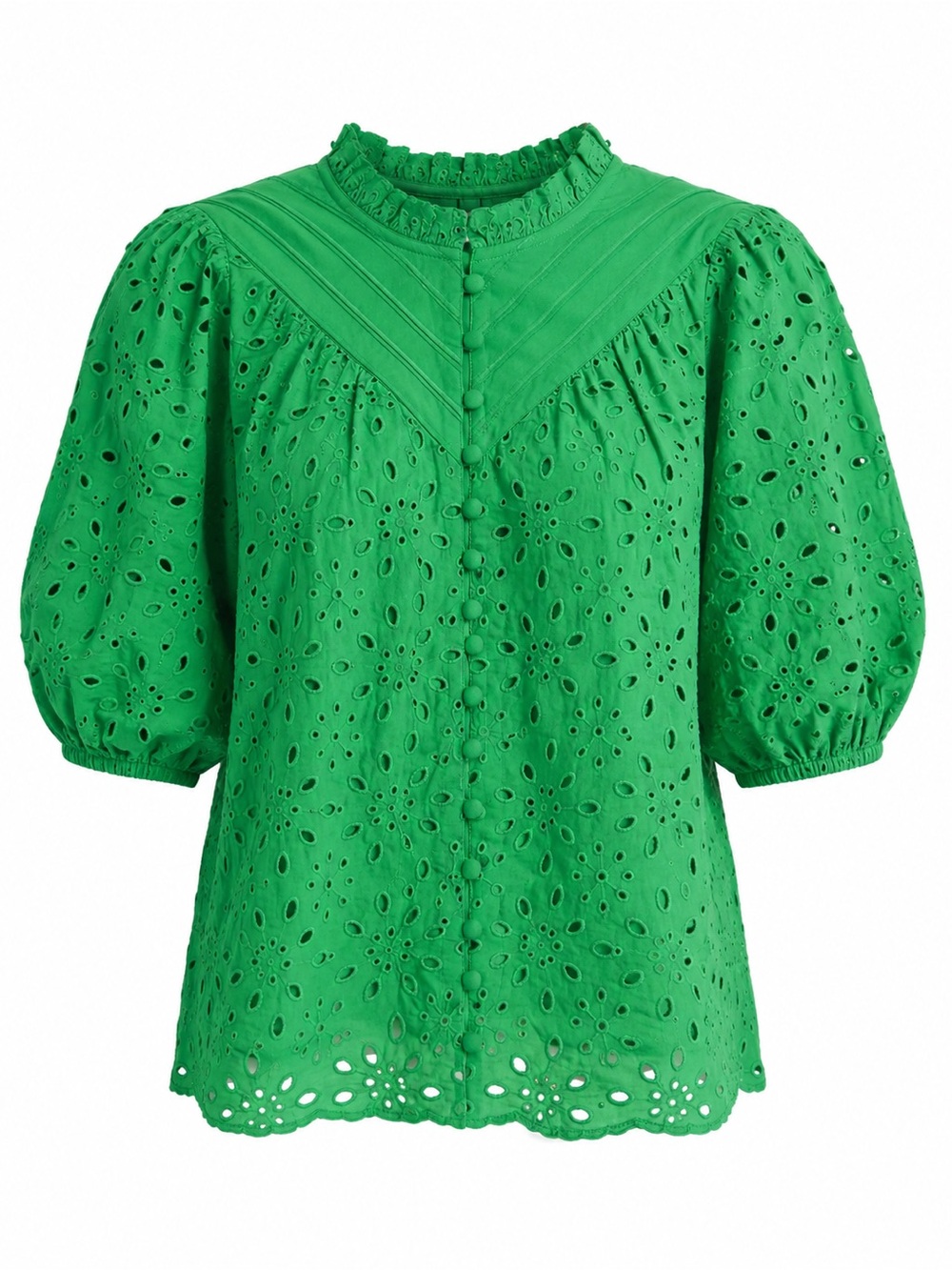NWT PRETTYGARDEN Cotton Eyelet Puff Sleeve Button Front Blouse Green M